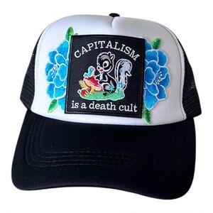 Black & White Trucker Hat with Floral 'Capitalism is a death cult' Patch